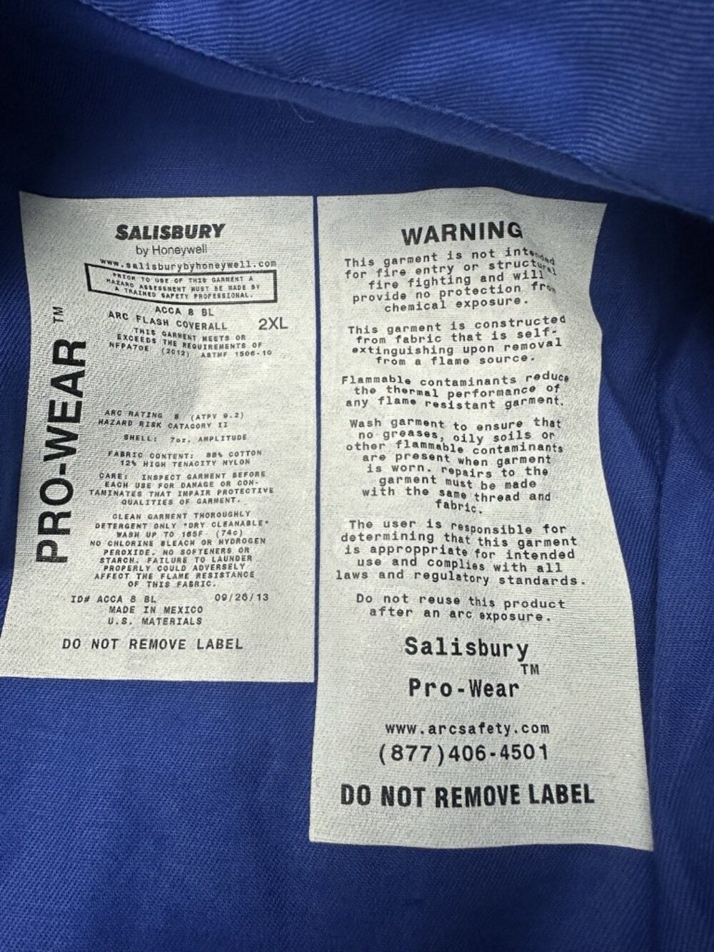 Salisbury Honeywell Arc Flash Coverall 2XL 8 Cal/cm2 HRC 2 Blue ACCA 8 BL NWT - Picture 11 of 13